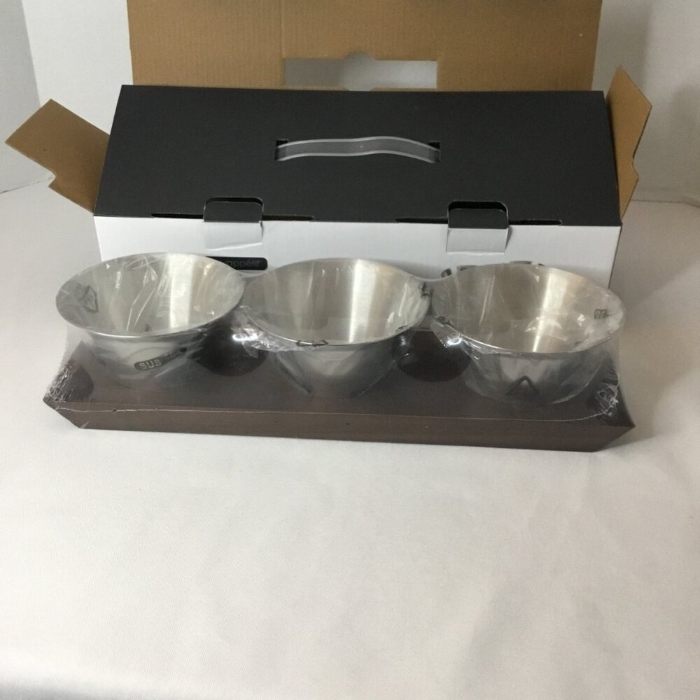 Servappetit Acacia Wood Drift Condiment Server w/ SS Bowls x3 Dark Brown NIB